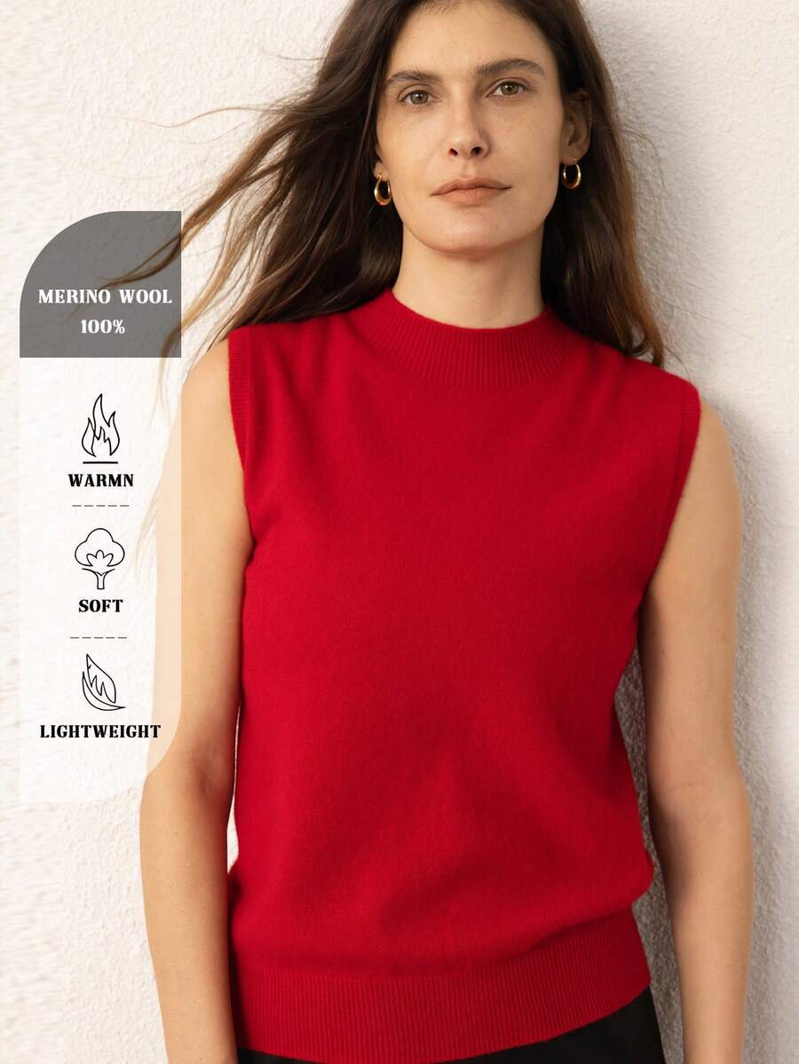 Chaleco de mujer 100% lana merino pura, top de punto sin mangas con cuello alto, top de capa base de lana, prenda exterior básica de invierno para mujer, suéter de punto para primavera y otoño, suéter de punto de invierno, suéter de punto elegante para mujer, suéter de lana de invierno - Rojo - Ver 1