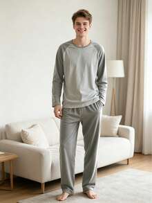 2PCS Men's Spring/Autumn Thin Long Sleeve Long Pants Casual Lazy Minimalist Pajamas - Multicolor - View 4