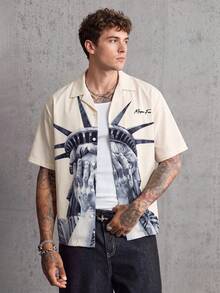 MAISONFOX Chemise à manches courtes imprimée Statue de la Liberté pour hommes, streetwear, printemps/été, chemise à manches courtes décontractée polyvalente pour le port quotidien, prête pour le streetwear - Beige - Voir 9