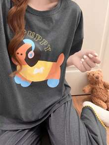 2pcs/Set Women's Pajamas Homewear Set, Cute Puppy Print Pullover Round Neck Fashion Short Sleeve Solid Color Long Pants, Easy Care Fabric - Grey - View 7