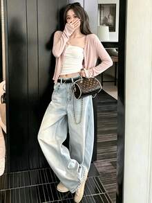 春/夏新款蕾絲拼接荷葉邊軟針織開襟衫輕量防曬外套上衣女款 - 藕粉色 - 查看 4