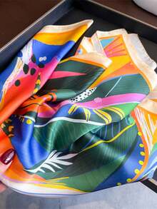 1pc 65*65cm Retro Bright Abstract Jungle Leaf Square Satin Silk Scarf With Yellow Trim, Thin Multi-Purpose Scarf For All Seasons, Daily Outing & Party - Multicolor - View 4