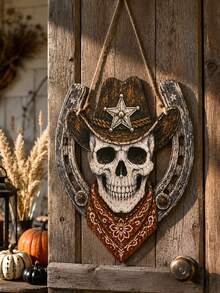 1pc Western Skull Horseshoe Front Door Hanging Decor, Halloween Decoration, Vintage Skull Star Pattern Headscarf Wall Plaque, Rustic Farmhouse Porch Decor, Autumn Indoor/Outdoor Entryway Holiday Wall Art, Spooky Season Party Home Decoration, Fall Decor - Multicolor - View 6