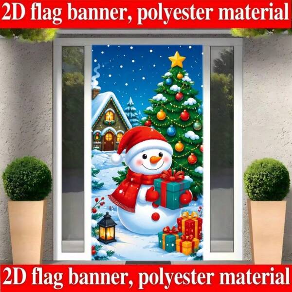2D Flat 1 Christmas And Winter Themed Banner Background, Designed With A Snowman Wearing A Red Scarf And Hat, A Christmas Tree Covered In Colorful Balls, A Snow Hut Pattern, Party Decoration, Polyester Material, No Need For Power Supply