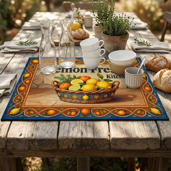 1pc Dish Drying Mat, Coffee Machine Mat, Mediterranean Style Lemon Citrus Fruit Basket Pattern With Blue Border Vine Floral Design, Multi-Purpose Drainage Mat, Home Gift, Tabletop Decor