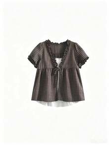 日系 2 合 1 短袖蕾絲格紋襯衫 夏季修身學院風上衣 - 咖啡棕 - 查看 2