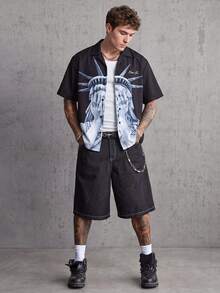 MAISONFOX Men's Streetwear Liberty Statue Printed Short Sleeve Shirt,Spring/Summer,Casual Versatile Daily Wear Short Sleeve Shirt, Streetwear Ready - Black - View 9