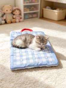 1pc Blue Plaid Heart Pattern Pet Bed Mat, Double-Sided Use, Portable Cat Bed Mat, Suitable For Indoor Use, Machine Washable - Multicolor - View 4