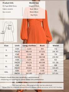 Women's Elegant Comfortable Long Sleeve V-Neck Solid Color Chiffon Pleated Ruffle Dress - Coral Orange - View 8