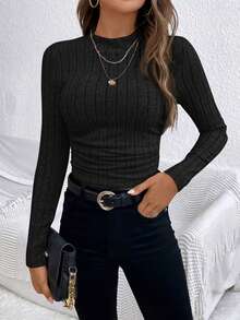 3 piezas de camisetas de punto de estilo francés con cuello semi alto, unicolor, textura acanalada y fruncido lateral - Gris oscuro + blanco + gris - Ver 8