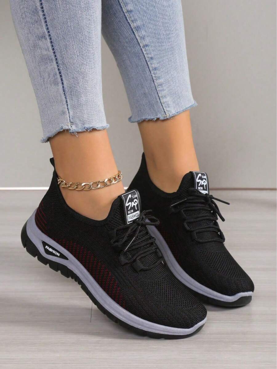 2025 Autumn Women'S Mesh Breathable Running Shoes, Soft Comfortable Flying Woven Shoes, Casual Versatile Outdoor Sneakers Mama Shoes, Shoes For Women - 黑色 - 查看 1