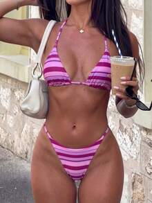 Damen Sexy Bikini, modisch, bunt gestreift, im Boho-Stil, atmungsaktiv, aus hoch elastischem Stoff, für den Sommer - Verschiedenfarbig - Übersicht 2