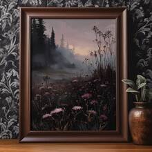 1pc Canvas Wall Art, Framed Wall Decor, Misty Forest Thistle Meadow Sunset Oil Painting, Dark Pastoral Landscape Canvas Wall Art, Vintage Natural Style Wall Decor Poster, Suitable For Living Room, Bedroom, Country Cottage, Log Cabin, Farmhouse Home Wall Decoration, Perfect Country Style Art Gift, Gothic Decor Poster, Room Decor, Home Decor, Holiday Poster - Multicolor - View 2