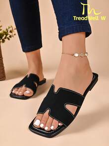 ThreadWell W 2026 Summer New Fashion Essential Flat Slide Sandals, Double Cross Cutout Wide Strap Open Toe Square Toe Contrast Stitching Soft PU Slip-On Ultra Lightweight Casual Style Suitable For Outdoor Beach Strolling Vacation Daily Commute - Black - View 7