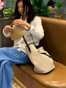 韓系時尚極簡小眾設計大容量高級白色拼接水桶包，百搭休閒通勤單肩腋下手提包 - 米色 - 查看 8
