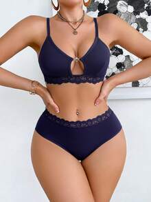 Lace Solid Color Comfortable Breathable Women's Lingerie Set - Royal Blue - View 3