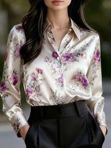 春季新款女式緞面優雅印花襯衫，前開扣設計，適合商務休閒場合，可機洗 - 紫色 - 查看 9