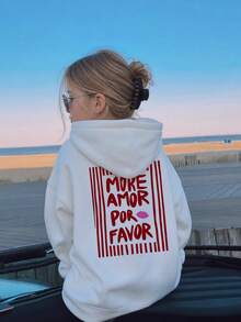 1pc Tween Girl Hooded Sweatshirt With Spanish Text Print Front And Back, Red And White Vertical Stripes, MORE AMOR Red Lips Graphic, Loose Fit Pullover Sweatshirt, Gentle Casual Everyday Wear - White - View 1