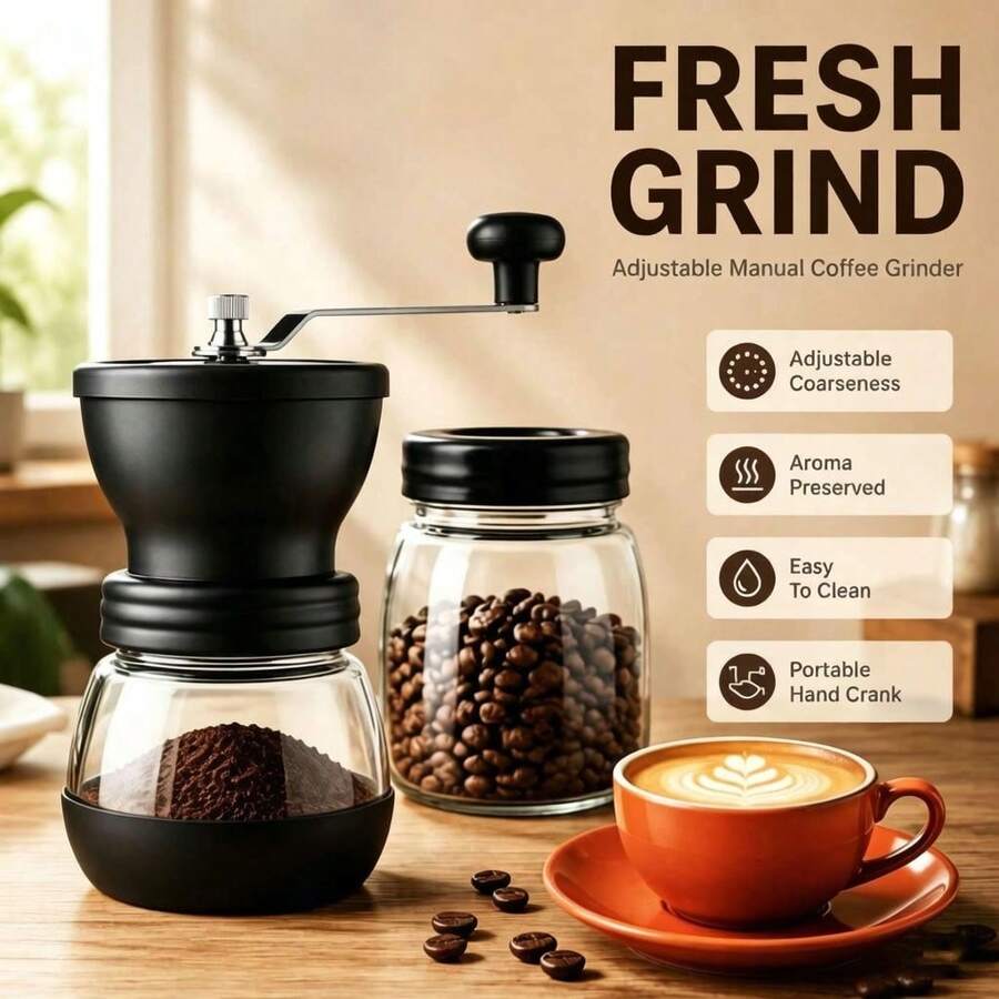 Lightweight Manual Hand Crank Coffee Grinder With Ceramic Burr, Glass Bean Hopper, Adjustable Grind Size, Portable Decorative Coffee Mill, Home Kitchen Gift For Coffee Lovers (Includes Small Brush)