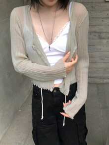 Casual Versatile Solid Color Knit Long Sleeve Cardigan Fall - Gray-green - View 2