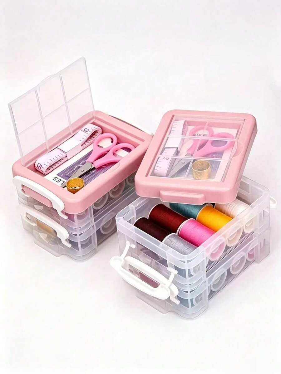 12/30pcs Sewing Kit Set, Portable Large 3-Layer Sewing Storage Box For Home Mending, Portable 3-Layer Sewing Bag With Transparent Storage Box Fabric Organizer Sewing Storage - Upgraded Version - View 1