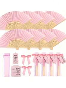 1-69pcs Pink Bamboo Folding Hand Fan Set With Organza Bag, Satin Ribbon Bow And Thank You Card, Wedding Guest Favors, Summer Party Handheld Fan, Bridesmaid Gift, Bridal Shower And Outdoor Wedding Decor - Multiple Styles - View 1