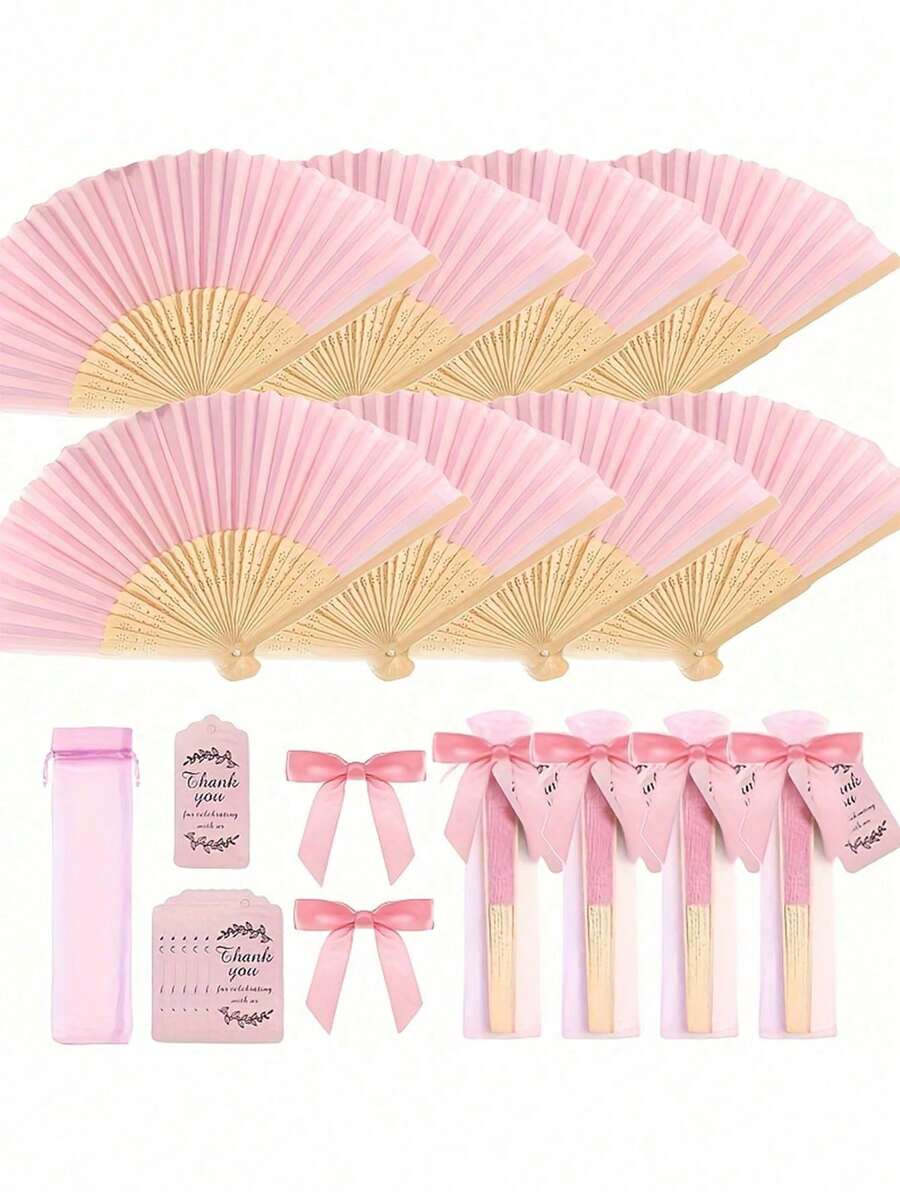 1-69pcs Pink Bamboo Folding Hand Fan Set With Organza Bag, Satin Ribbon Bow And Thank You Card, Wedding Guest Favors, Summer Party Handheld Fan, Bridesmaid Gift, Bridal Shower And Outdoor Wedding Decor - Multiple Styles - View 1