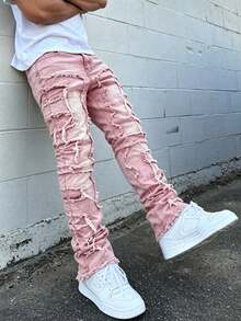 Teen Boys Pink Tassel Patchwork Flare Jeans, Vintage Washed Deconstructed Distressed Patchwork Long Pants - Pink - View 2