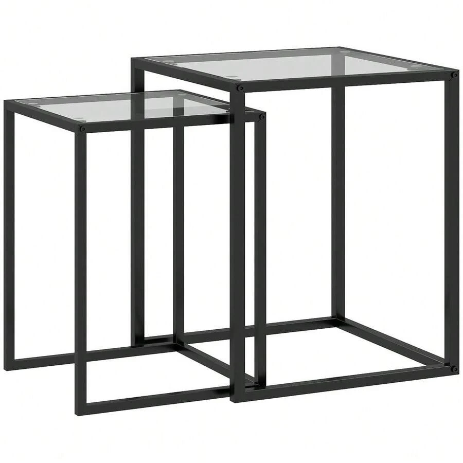 HOMCOM Nesting Tables Set Of 2, Side End Table With Tempered Glass Top And Steel Frame For Living Room, Bedroom, Black - T0001-01-8182 - View 1