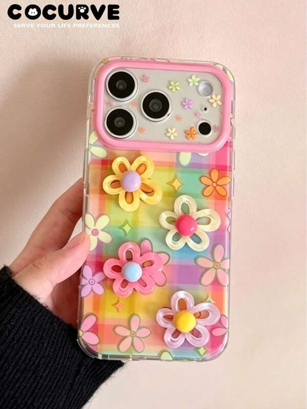 Cocurve 1pc Summer Korean Ins Dopamine Colorful Plaid 3D Floral Fresh Style Compatible With IPhone 17pro/17promax/16pro/16promax16/15promax/15pro/15/Shockproof IMD Printed 14promax/14/14/13pro Max/13pro/13/13/Fashion Phone Case Suitable As Holiday, Birthday Gift Versatile Unique Design