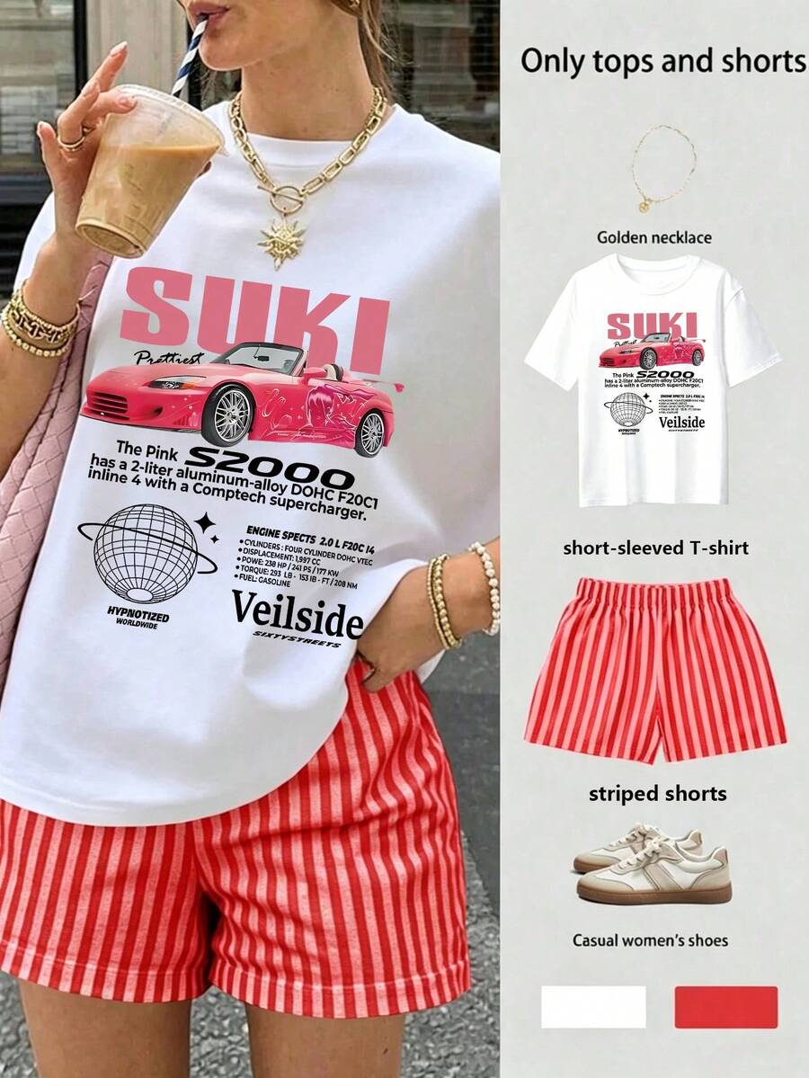 2pcs Plus Size Women's Slogan & Car Graphic T-Shirt And Shorts Set, Plus Size Women's Printed Crew Neck T-Shirt Casual Summer Outfit.. White Elegant - White - View 1