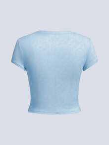 Y2K Retro Short Sleeve Slim Fit Flattering Flag Print Cropped Top For Women - Baby Blue - View 5