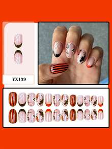 24片萬聖節蜘蛛網蝙蝠骷髏條紋穿戴式假指甲，中號橢圓裸色底橘色與黑色亮面假指甲，萬聖節假指甲，蜘蛛網法式邊緣、蝙蝠、小骷髏、橘色與黑色條紋、波點設計，亮面可重複使用假指甲，適合萬聖節派對、節日活動與日常街頭穿搭 - 彩色 - 查看 2