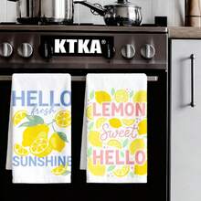 2PCS Lemon & Letter Print Kitchen Towels, Soft & Absorbent Reusable Cleaning Cloths, Machine Washable, Housewarming Gift & Home Decor, Kitchen Accessories. - Multicolor - View 2