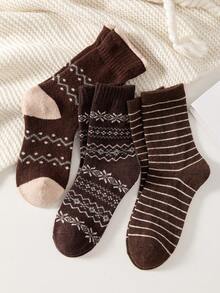 3 Pares de Meias Marrons Estilo Vintage Quentes para Mulheres, Cano Médio, Macias e Confortáveis, Adequadas para Outono/Inverno - Café - Visão 6