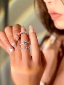 1 Set Cincin Lamaran Romantis Warna Biru Tua Oval 3 Buah, Cincin Tumpuk Berenda Vintage, Set Hadiah Perhiasan Ulang Tahun Pernikahan untuk Pacar - set cincin - View 2