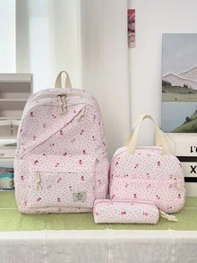 1 Set Fashionable College Style Polka Dot/Floral Pattern Backpack Set, Includes Backpack, Lunch Bag And Pencil Case, With Laptop Compartment, Adjustable Shoulder Straps, Multi-Pocket Large Capacity, Multi-Function School Bag Set, Suitable For Girls/Teenagers/College Students/Graduates Daily Use/Vacation/Travel/Back To School. - 2245 - View 18