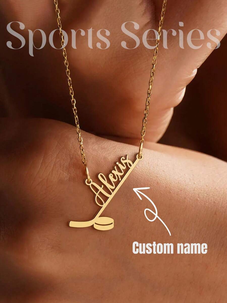 1pc Customized Gold Hockey Name Necklace, Casual Minimalist Sports Style, Personalized Sports Ball Series Name Pendant, Unique Gift For Hockey Fans, Sports Jewelry, Hockey Players, Hockey Enthusiasts, Autumn Fashion Jewelry, Daily Wear - Multicolor - View 1