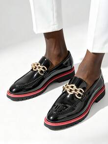 Men's Shiny Metallic Chain Loafers Slip-On Thick Platform Shoes British Style Slouchy Slip-On Business Formal Shoes Men's Red Bottom Commuter Shoes - Black - View 3