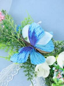 1pc Vintage Green & Blue Butterfly Pink Floral Lace Tie Flower Crown, Gentle Bohemian Forest Lawn Travel Photography Bridal Styling Wedding Accessory Headpiece - Green - View 6