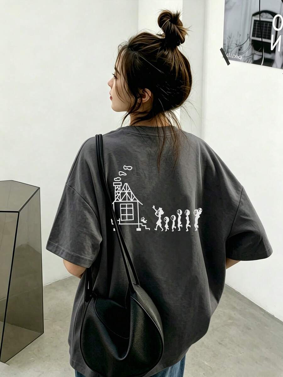 休闲宽松圆领卡通印花短袖T恤，适合春夏女士穿着，百搭时尚 - 深灰色 - 查看 1
