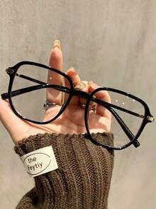 Kacamata Unisex Retro Glossy Black Oversized Polygon Frame, Dekorasi Logam, Membuat Wajah Tampak Lebih Ramping, Warna Solid, Cocok untuk Kantor dan Pemakaian Sehari-hari - Clear - View 3