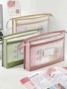 4pcs/2pcs/1PC - New Hot-Selling Double-Layer Classification Bag A4 Transparent Mesh File Storage Bag With Zipper Design, Suitable For Elementary, Middle And High School Students, Large Capacity Test Paper, Textbook, Homework Notebook Storage Bag, Upgraded Craftsmanship, Zipper Head Design, Random Shipment, Stitching Color Based On Actual Product, Slight Differences May Exist, Same Quality, Does Not Affect Use, 4 Colors Available - Subject Storage Bag - View 5