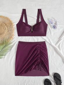 jeederkim 新款夏季女款比基尼上衣，飾有金屬元素，搭配同款透視迷你裙，適合夏季海灘度假穿著 - 紫紅色 - 查看 6