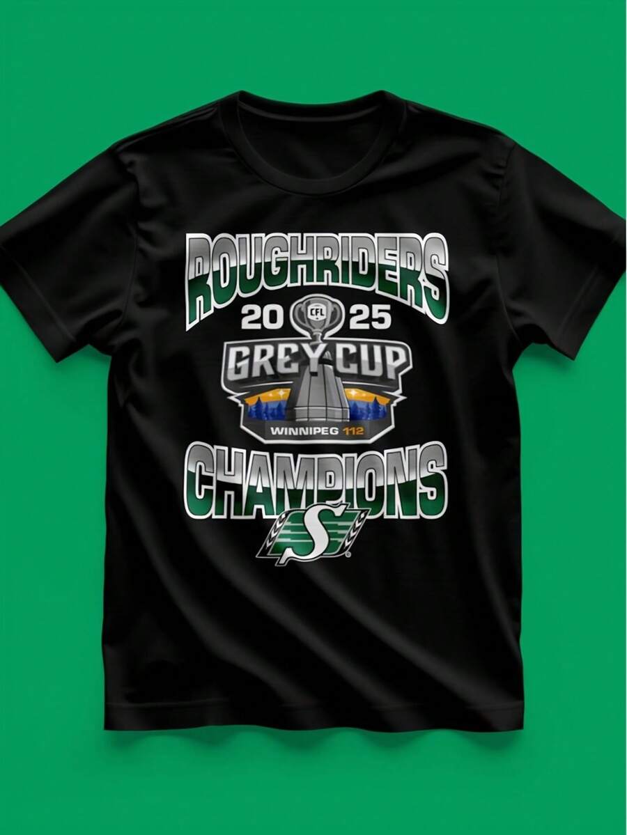 Roughriders 2025 Grey Cup Champion Retro T-Shirt für Herren - Champion-Fanbekleidung, lässiges T-Shirt mit Team-Logo-Aufdruck, ein Geschenk, das für F - Schwarz - Übersicht 1