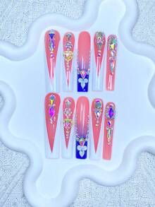 10 Peças Unhas Postiças Y2K Extra Longas Francesas 100% Feitas à Mão, Decoração com Strass 3D Brilhante e Pedras Preciosas, Perfeitas para Casamentos, Festas, Dia dos Namorados, Aniversários, Presentes de Natal. 1 Peça Gel de Gelatina/1 Peça Mini Tiras de Lixa, Unhas Postiças Feitas à Mão na Moda - Multicolorido - Visão 3