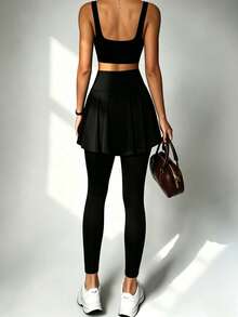 Women's High Waist 2 In 1 Pleated Tennis Skort Leggings, Perfect Gift Choice Black Sports - Black - View 4