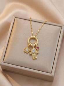 Women's Travel Theme Charm Necklace Set, Gold-Plated Daisy, Globe, Airplane And Hamsa Hand Pendant, Delicate Collarbone Chain, Fashionable Jewelry Gift - Gold - View 3