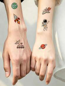 12pcs Cartoon Space Rocket Temporary Waterproof Tattoo Stickers, Astronaut Realistic Tattoo Decals, Fun Party Gifts - Multicolor - View 5