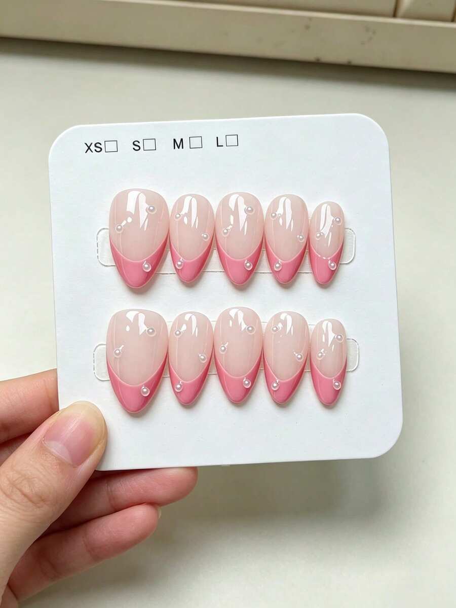 10pcs Pure Handmade Almond Press On Nails, Gentle Sweet Daily Style, Pink French Tip & Tiny Pearl Embellishment Designs For Women And Girls, Spring Summer Fall Winter Festivals Party And Daily Life Use - Pink - View 1